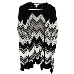 CJ‎ Banks Chevron Cardigan Duster Open Knit Black White 1X